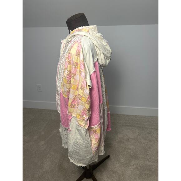 Blue Velvet Button Down Oversized Hoodie Pink Distressed Patchwork Top Size S/M - Picture 5 of 9